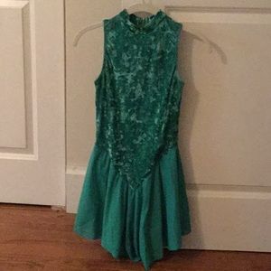 Green crushed velvet figure skating dress